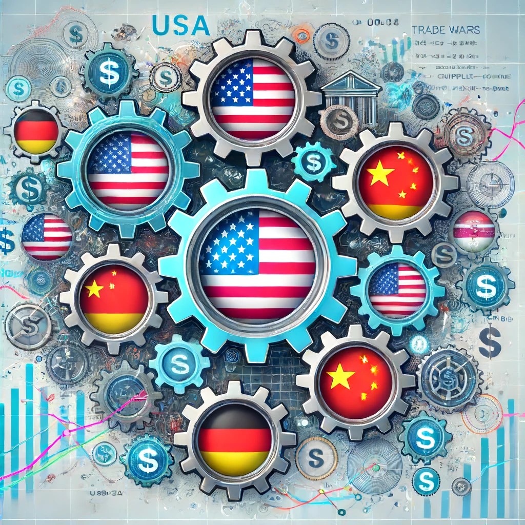 DALL·E 2024-06-15 18.31.10 - A graphic illustration of the global impact of trade wars on a supply chain, depicting interconnected gears with flags of different countries like the