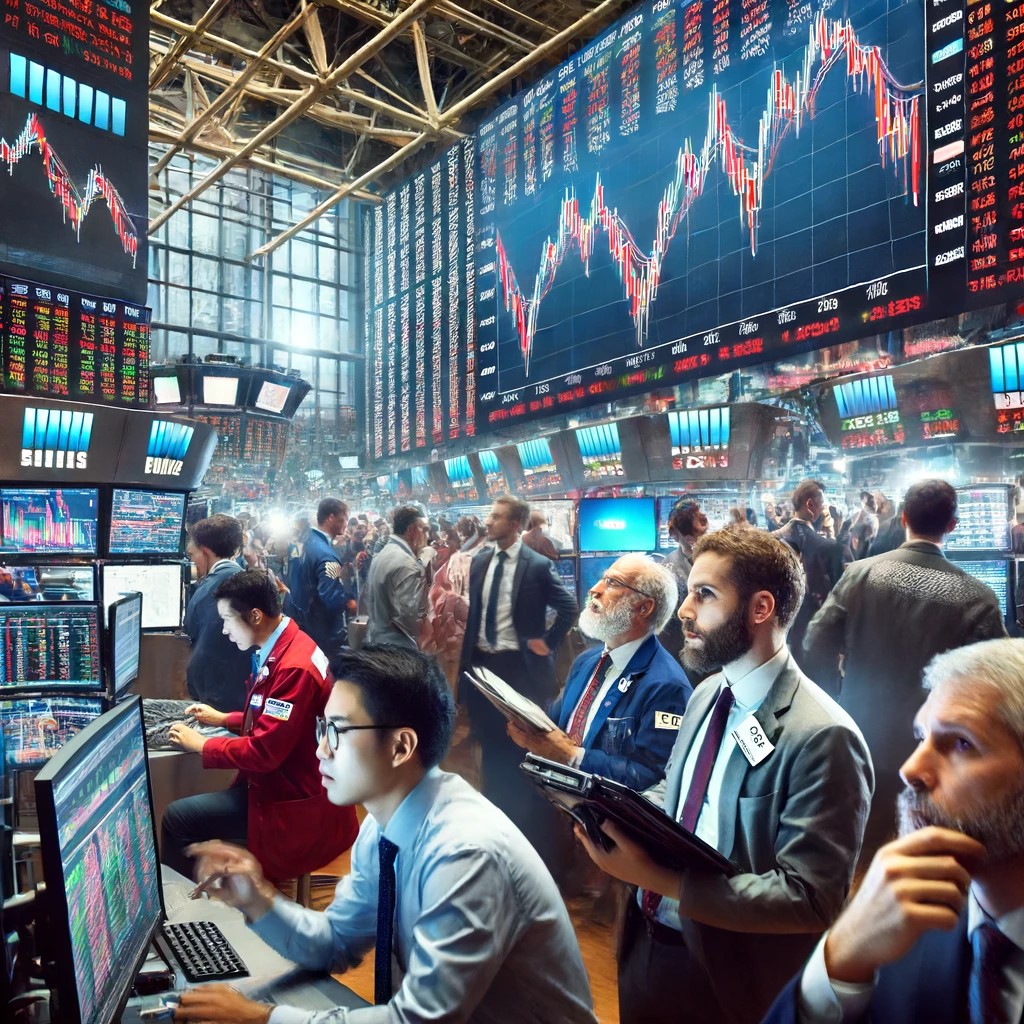 DALL·E 2024-06-15 18.31.07 - A busy stock exchange floor with traders reacting to a sudden market drop due to a trade war announcement. The scene should capture the intensity and 