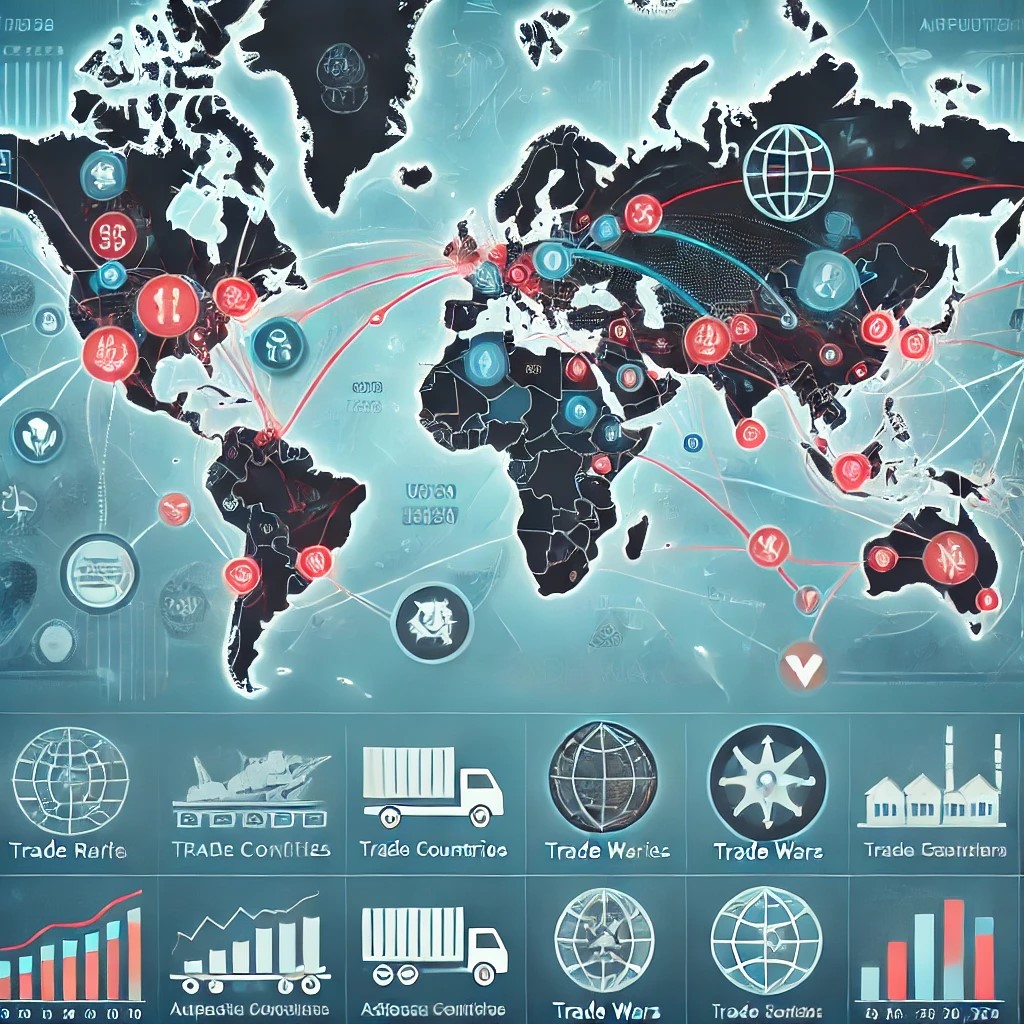 DALL·E 2024-06-19 20.39.25 - A global trade map showing major trade routes and affected countries due to trade wars. The map includes icons for tariffs and trade barriers, highlig