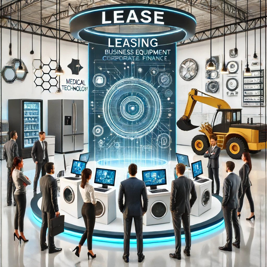 DALL·E 2024-06-16 18.47.28 - A technology showroom displaying various high-tech equipment available for lease, illustrating the modern leasing options in corporate finance. The sh