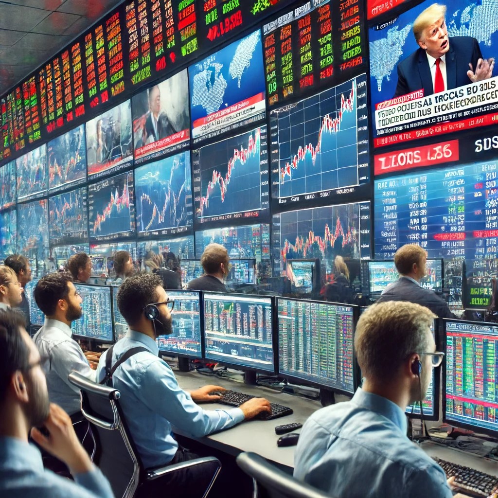 DALL·E 2024-06-16 19.57.00 - A high-tech trading floor reacting to political news, with traders monitoring screens showing rapid changes in stock prices, currency rates, and commo