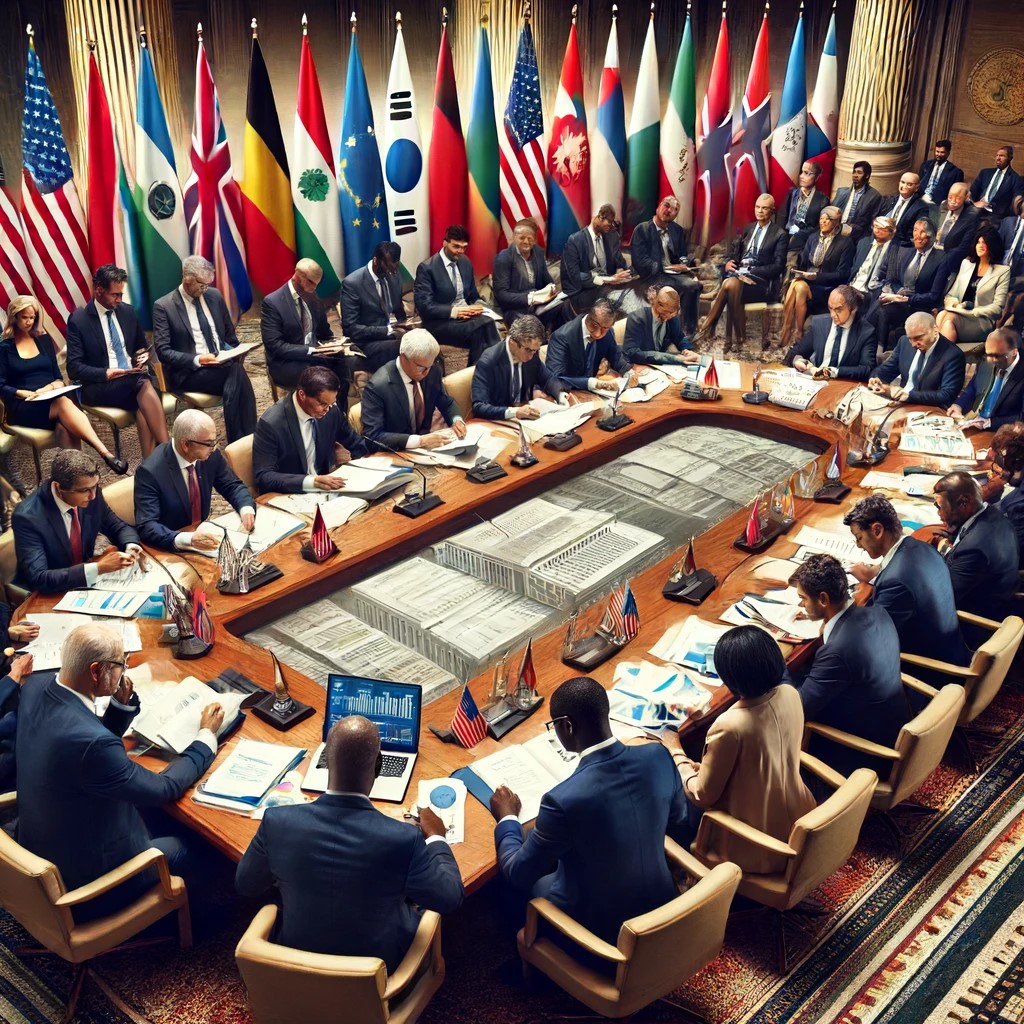 DALL·E 2024-06-18 21.31.59 - A high-level government meeting discussing fiscal policy, featuring diverse representatives (African, Asian, Caucasian, Hispanic) around a large table