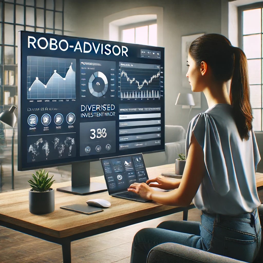 DALL·E 2024-06-17 20.55.21 - A modern home office setup with a young professional, a Caucasian female, using a laptop to interact with a robo-advisor platform. The screen displays