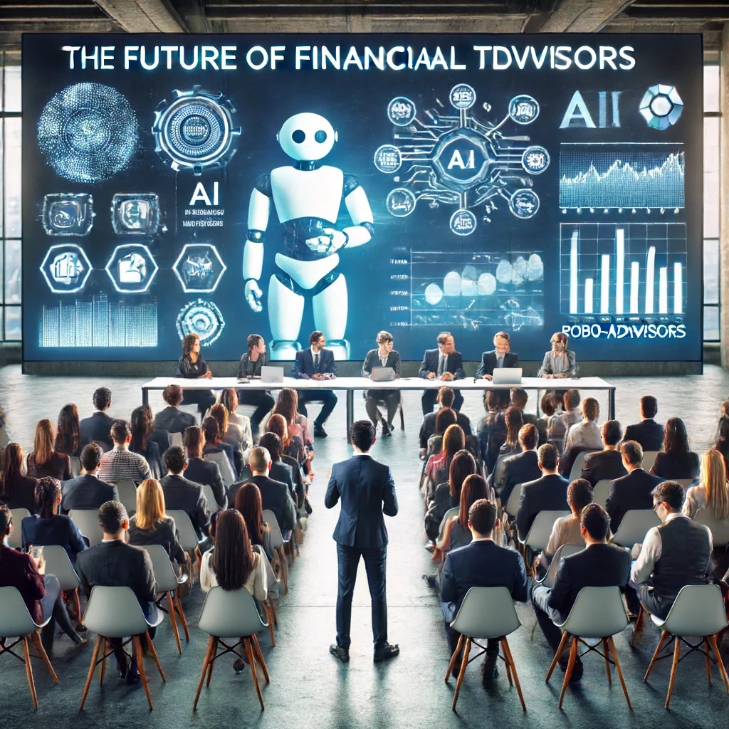 DALL·E 2024-06-17 20.55.23 - A futuristic seminar room filled with financial professionals attending a conference on the future of financial technology, focusing on robo-advisors