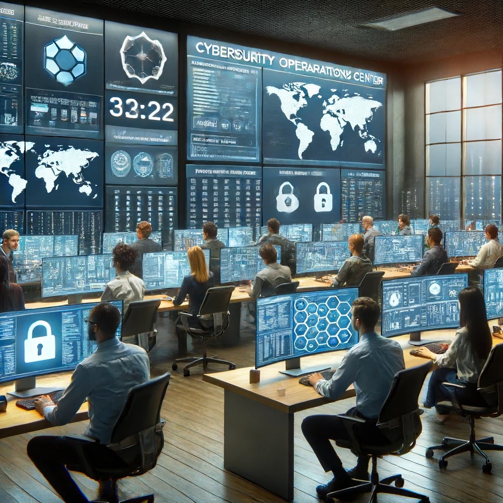 DALL·E 2024-06-17 20.27.37 - A high-tech cybersecurity operations center in a financial institution, featuring a diverse team of cybersecurity professionals monitoring data on lar