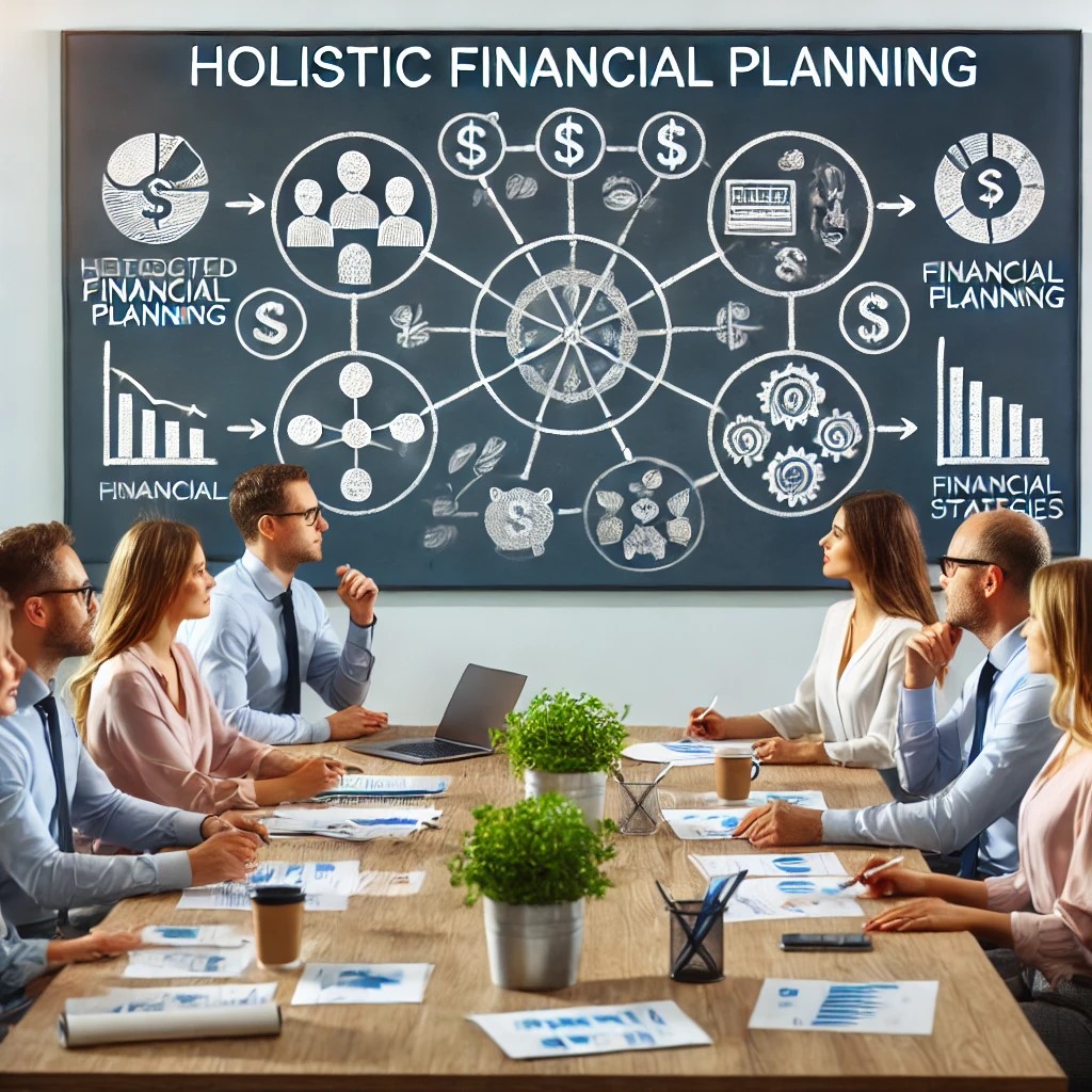 DALL·E 2024-06-20 20.24.39 - A group of financial advisors in a meeting discussing holistic financial planning, with a whiteboard showing interconnected financial strategies