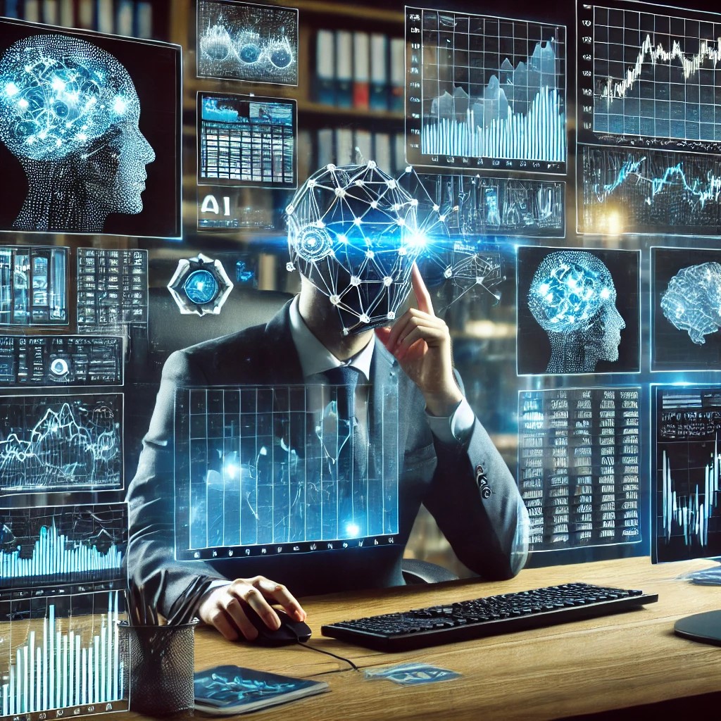 DALL·E 2024-06-20 19.35.54 - A financial analyst using AI and machine learning tools on multiple computer screens to analyze stock market trends