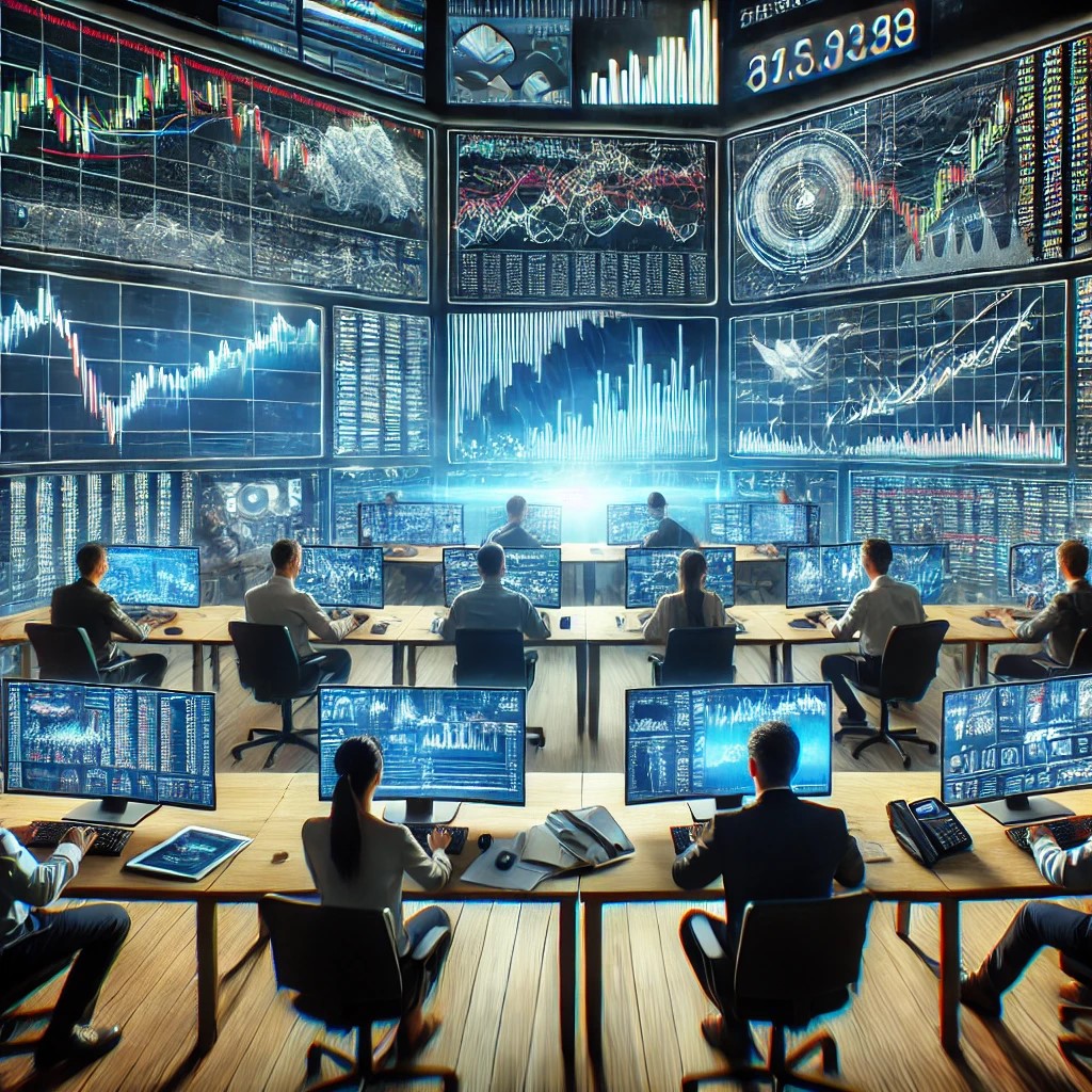 DALL·E 2024-06-20 19.35.57 - A team of financial analysts using high-frequency trading systems with multiple screens showing rapid market data and trades being executed