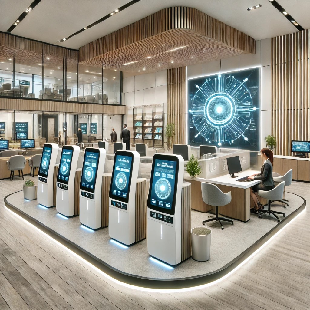 DALL·E 2024-06-20 23.01.08 - A modern bank branch interior transformed into a high-tech service hub. The setting shows a blend of traditional and digital banking elements. The bra