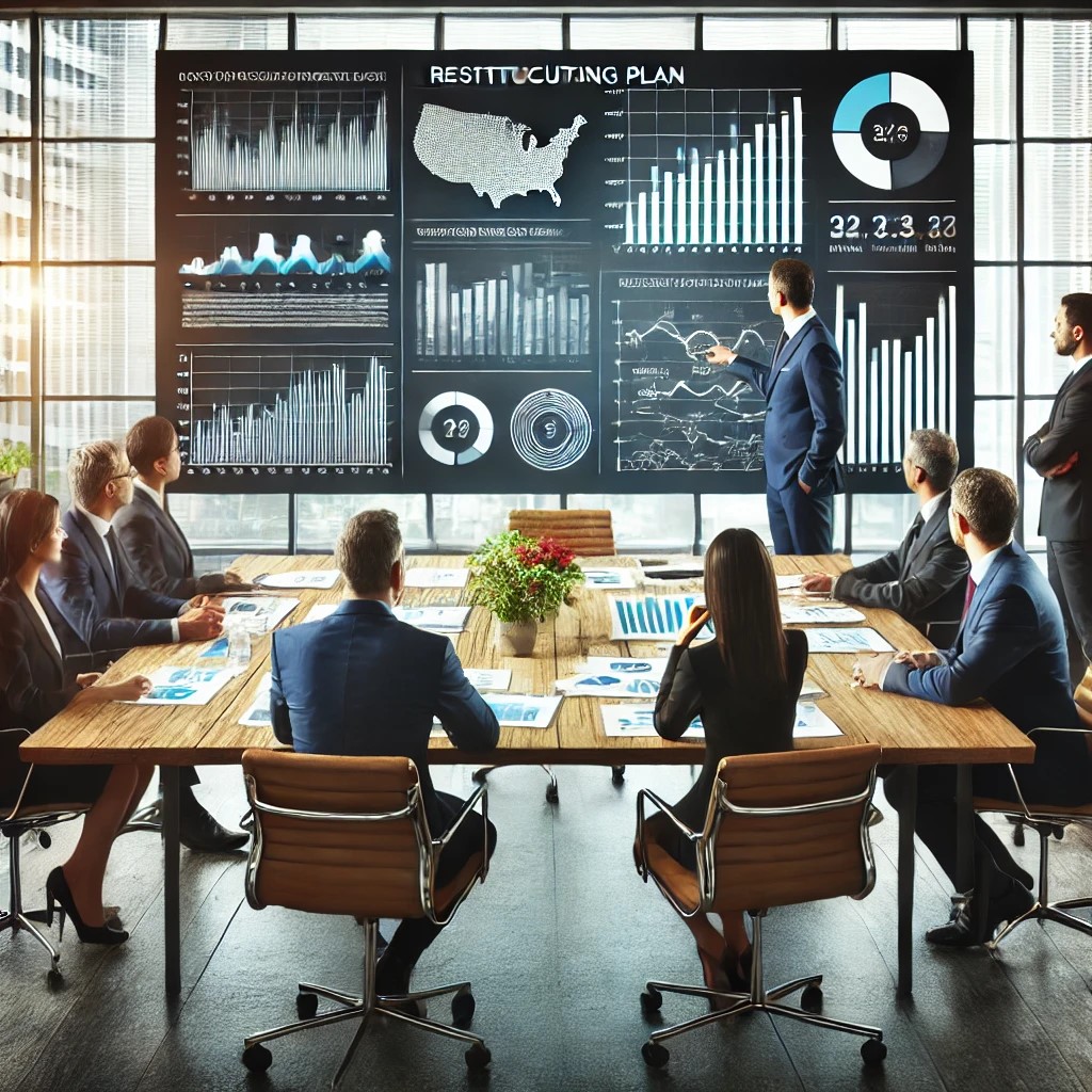 DALL·E 2024-06-19 22.18.49 - A group of corporate executives in a modern office discussing a restructuring plan, with charts and graphs on a large screen showing financial perform