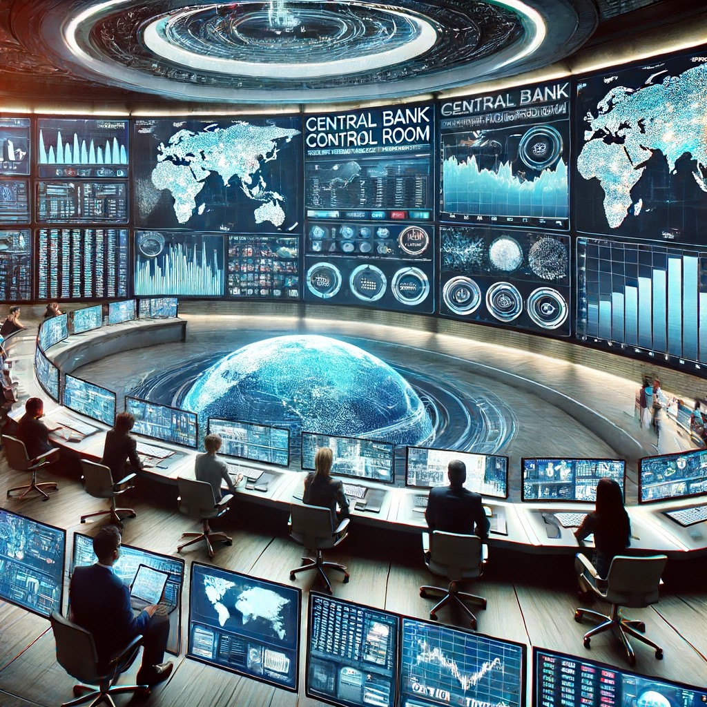 DALL·E 2024-06-16 18.40.37 - A futuristic central bank control room monitoring global economic indicators and currency values in real-time. The room features multiple screens disp