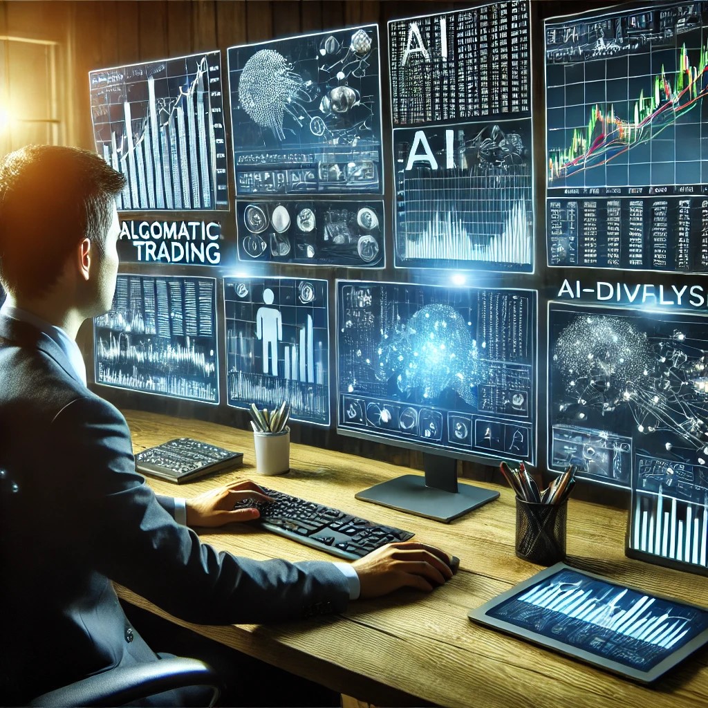 DALL·E 2024-06-19 22.28.53 - A trader using a computer with multiple screens displaying algorithmic trading data and AI-driven market analysis, highlighting real-time graphs and s