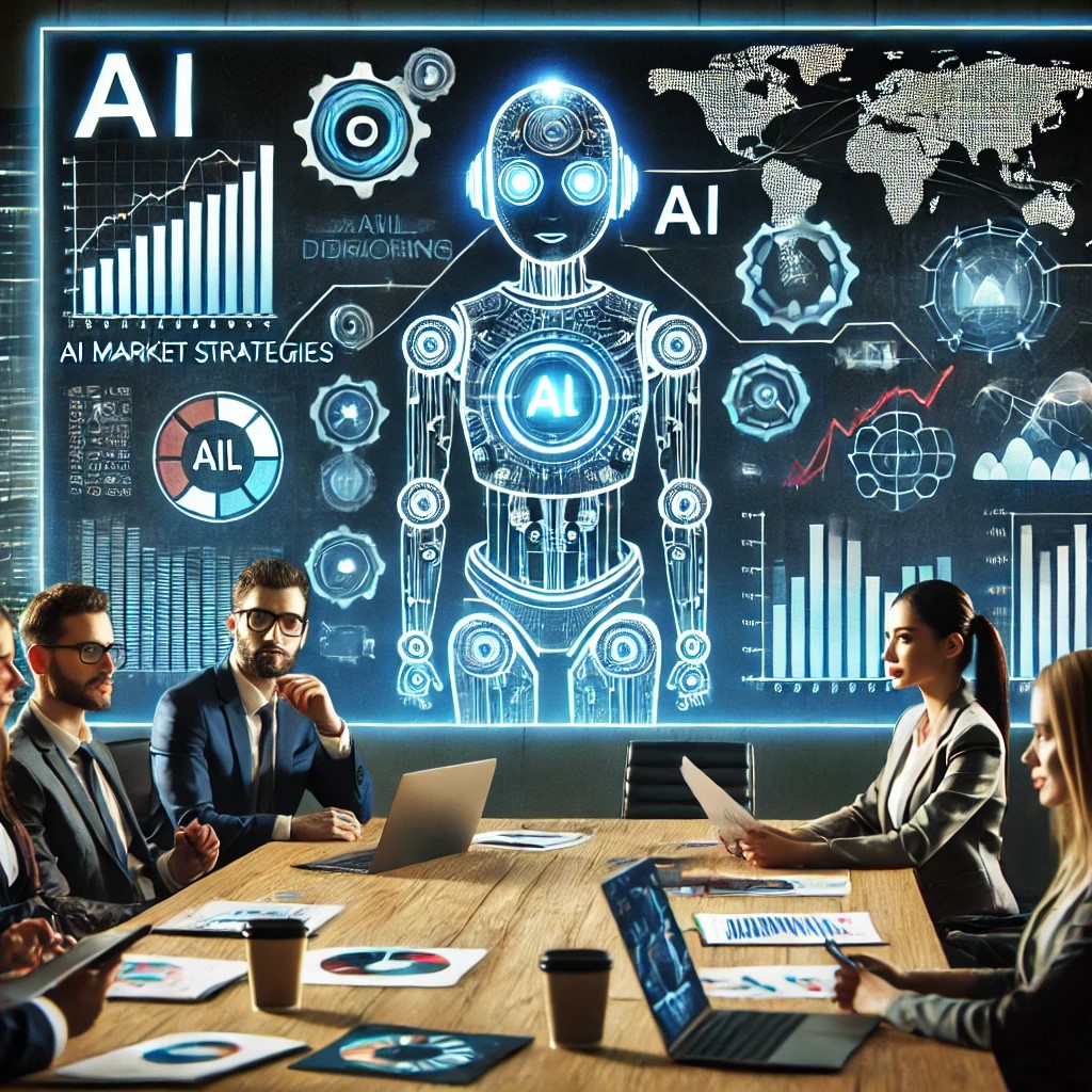 DALL·E 2024-06-19 22.28.56 - A group of financial analysts discussing AI-driven market strategies, with charts and graphs displayed on a large screen, showcasing collaboration bet