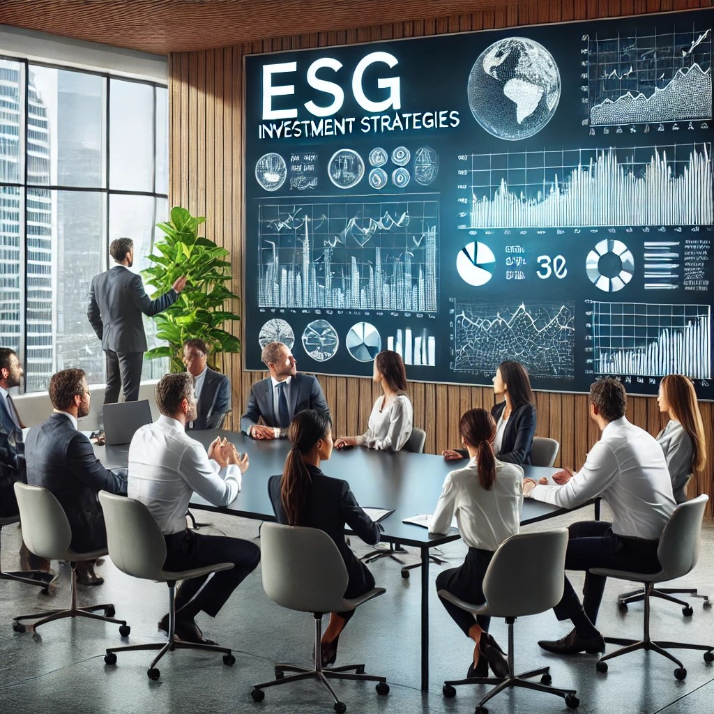 DALL·E 2024-06-19 21.52.52 - A group of diverse investors in a modern office setting discussing ESG investment strategies, with charts and graphs displayed on a large screen