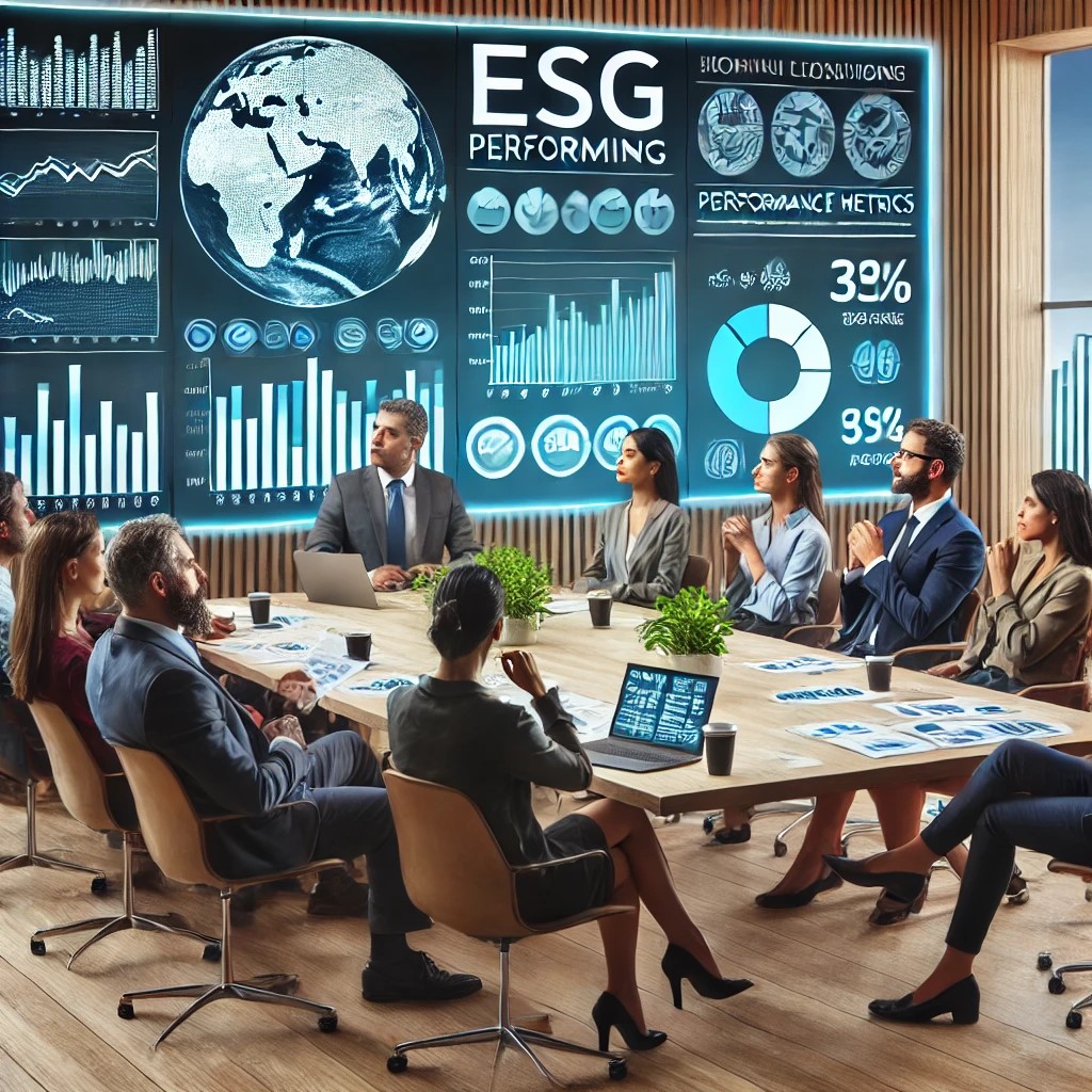 DALL·E 2024-06-19 21.30.19 - A diverse group of investors in an office setting discussing ethical investing strategies, with charts and graphs showing ESG performance metrics on a