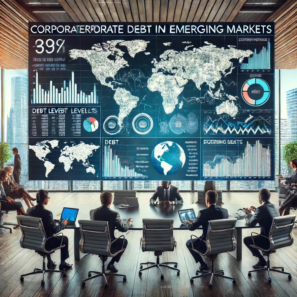 DALL·E 2024-06-18 23.02.18 - A modern office with financial analysts discussing corporate debt in emerging markets, with charts showing debt levels and economic indicators on mult