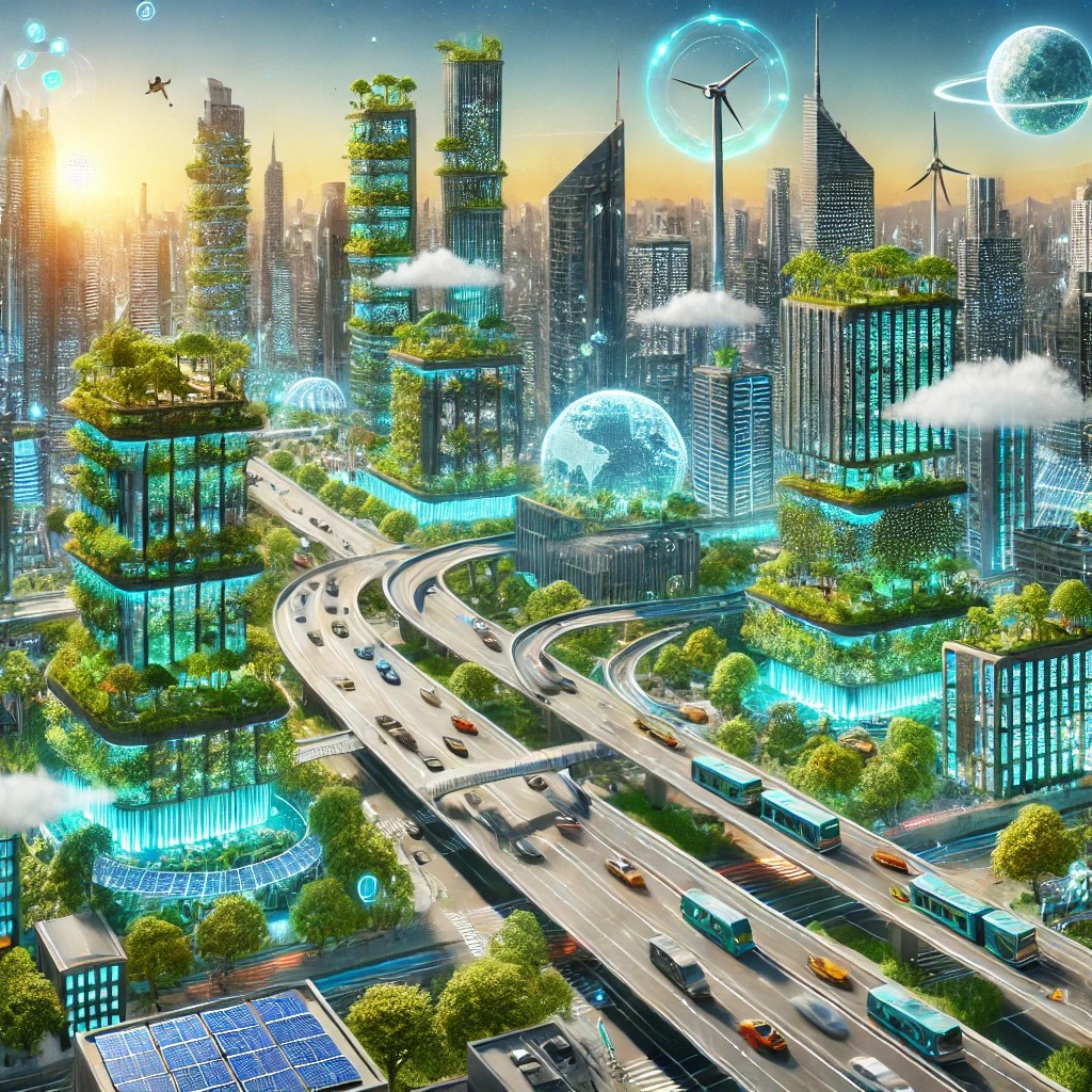 DALL·E 2024-07-07 23.14.56 - A futuristic visualization of a city adapting to climate change with green technologies. The city includes vertical gardens on skyscrapers, solar pane