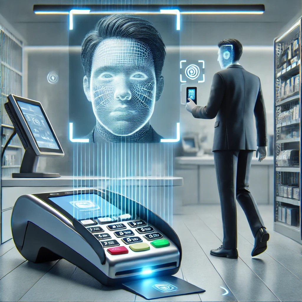 DALL·E 2024-07-03 16.06.10 - A scene depicting a person using facial recognition technology for a payment at a retail store. The image should show a modern point-of-sale system wi