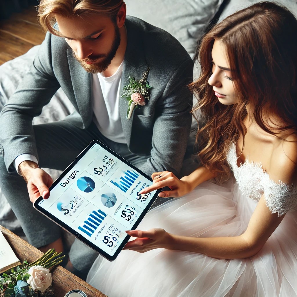 DALL·E 2024-07-29 02.33.16 - A newlywed couple sitting together, creating a budget on a tablet, with various expense categories and charts visible on the screen