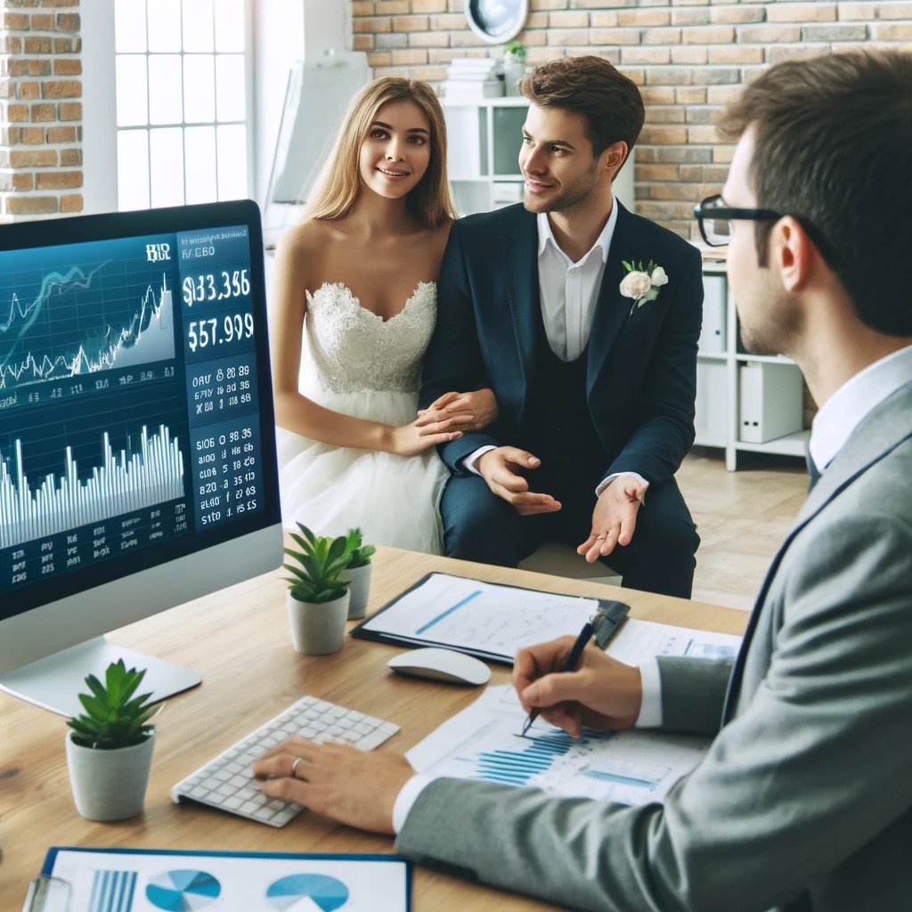 DALL·E 2024-07-29 02.33.17 - A financial advisor explaining investment options to a newlywed couple, with charts and financial data visible on a computer screen in an office setti