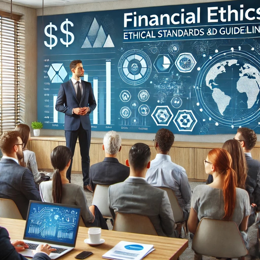 DALL·E 2024-07-29 03.02.12 - A diverse group of financial professionals attending a workshop on financial ethics, with a presenter discussing ethical standards and guidelines on a